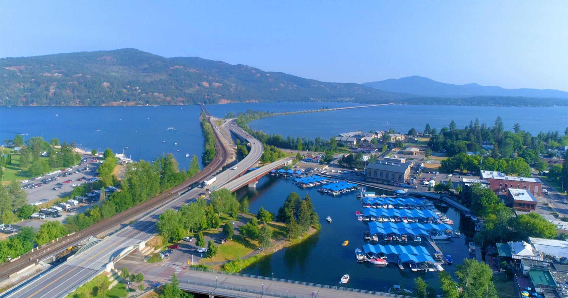 Aerial view of the Long Bridge causeway crossing Lake Pend Oreille near Sandpoint